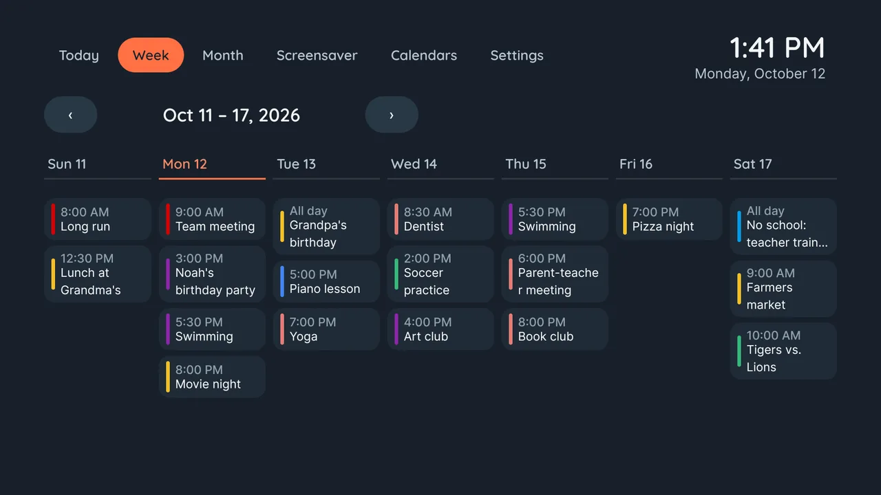 Week view: seven days side by side, each event with its time and the colour of its calendar