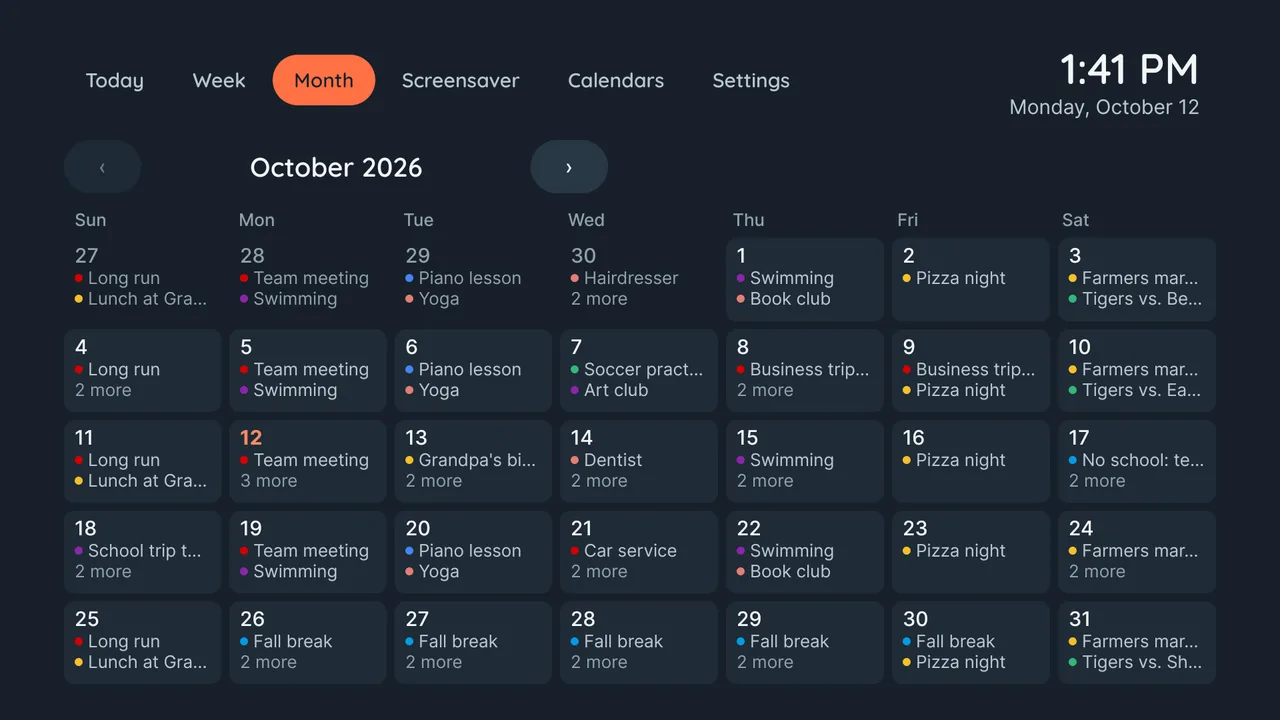 Month view: a whole month, with the first events of each day and a colour per calendar