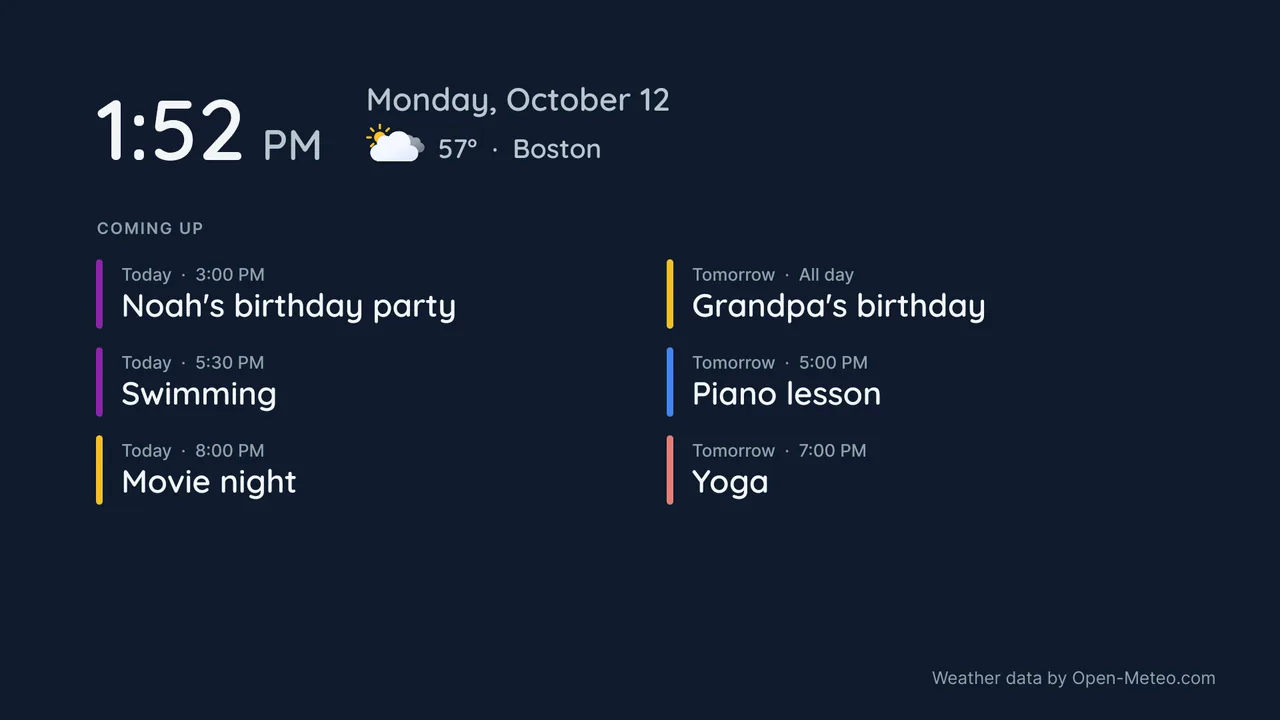 Agenda layout of the screensaver on night blue: the time, the date, the weather and six upcoming events in two columns
